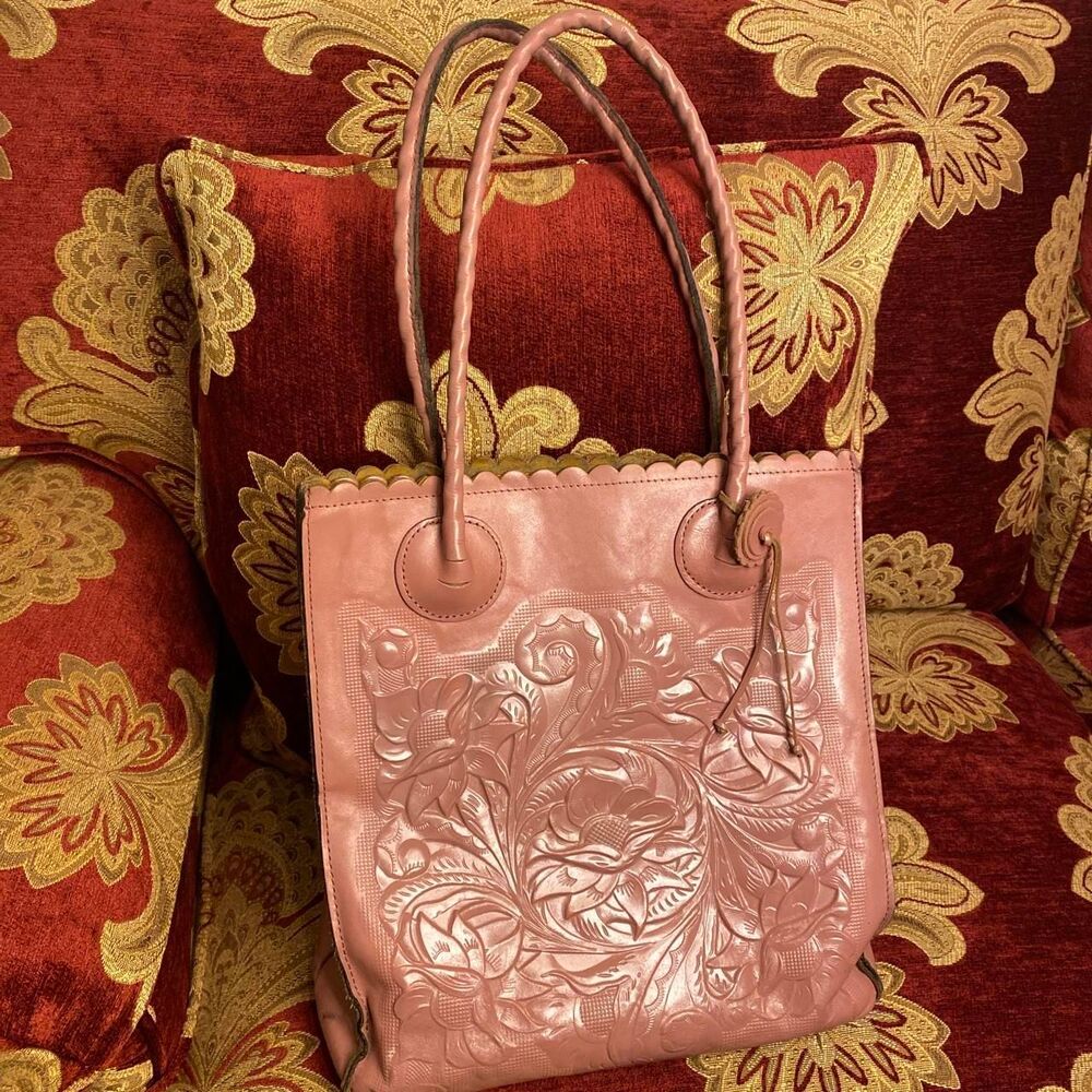 Boho Patricia Nash dusty pink leather tote bag with  embossed  floral design